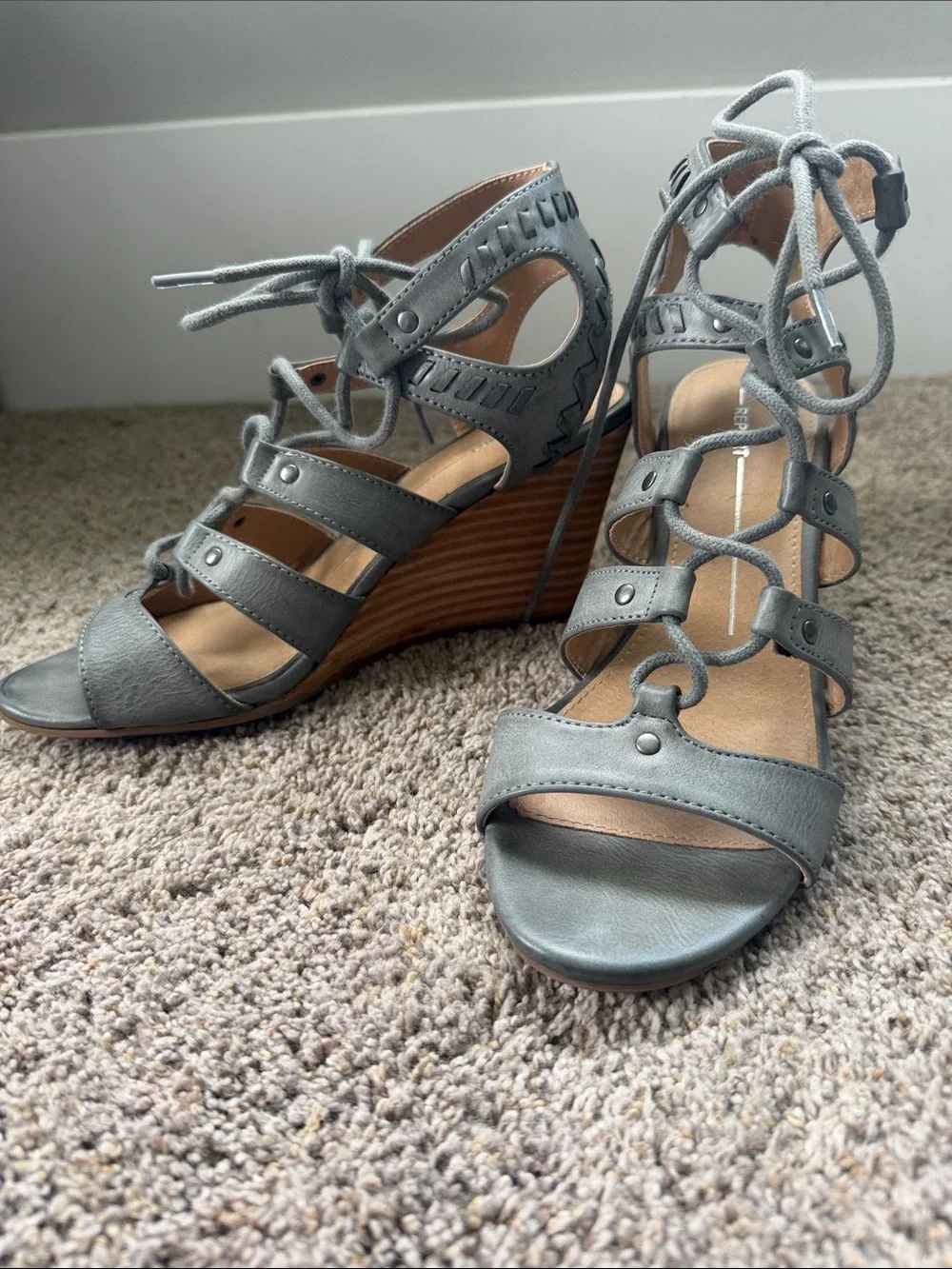 Report Gray Lace-Up Strappy Wedge Sandals